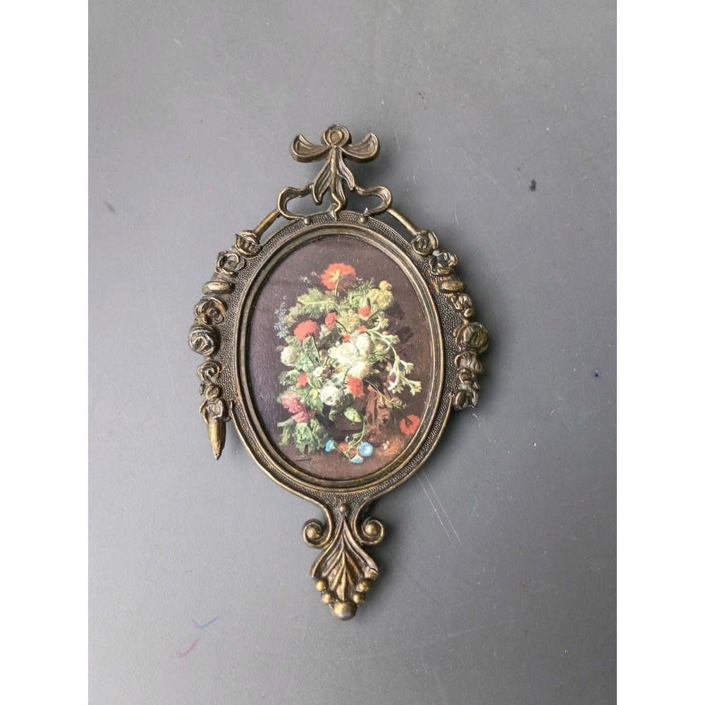 Oval Brass Ornate Frame- Floral Picture -Italy 6.5" X3.5" Wall Hanging #2